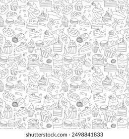 Sweets cakes, dessert seamless pattern, donuts, muffins, pancakes, cookies. The background is suitable for printing on fabric and paper for confectionery, culinary and children's designs.