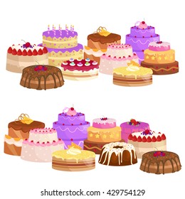 Sweets cakes with different stuffing, chocolate dessert vector illustration set