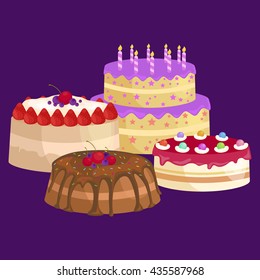 Sweets cakes with different stuffing, chocolate dessert vector illustration set