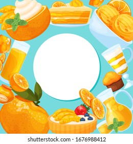 Pasteles dulces, donuts, dulces y otros tentempiés en ilustración vectorial. Marco redondo de postres aislado en azul con lugar para texto en el medio. Concepto nutricional, decoración de menús dulces