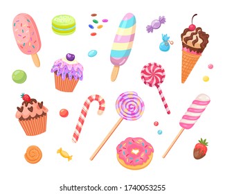 Sweets and cakes flat icon set. Tasty lollipop, biscuit, candy, ice cream, caramel isolated vector illustration collection. Confectionery and sweetshop concept