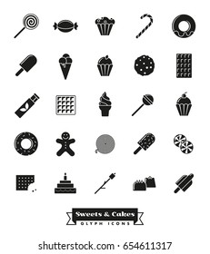Sweets and cakes glyph icon Set. Sweet food and candy vector symbols collection