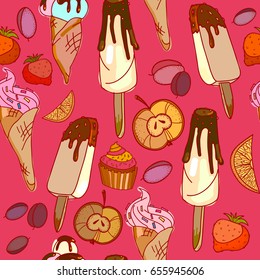 Sweets, cakes, ice cream hand drawn seamless pattern. Sweet background hand drawn vector