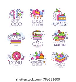 Sweets, cakes, ice cream logos set, confectionery and bakery products vector Illustrations