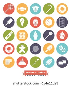 Sweets and cakes round icon set. Sweet food and candies vector symbols collection, negative in colored circles