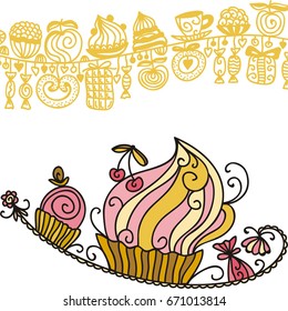 Sweets cakes tea coffee fruits. Vector illustration.