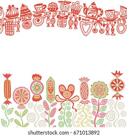 Sweets cakes tea coffee fruits. Vector illustration.