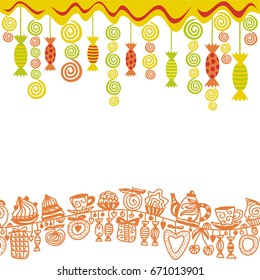 Sweets cakes tea coffee fruits. Vector illustration.