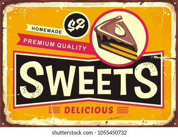 Sweets and cakes vintage tin sign layout for candy store. Retro poster vector decoration.
