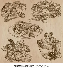 Sweets and Candies around the World (Vector pack no.1). Collection of an hand drawn illustrations (originals). Each drawing comprises of two layers of lines, the background is separated.