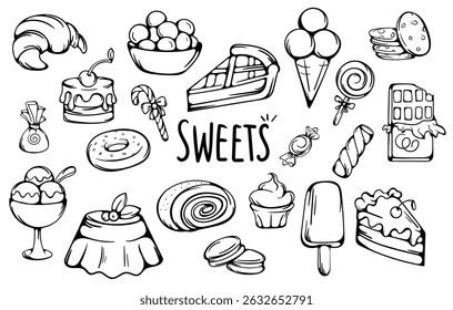 Sweets, candies, baked goods. Black and white vector elements set. Simple hand drawn signs and symbols for icons, prints, stickers