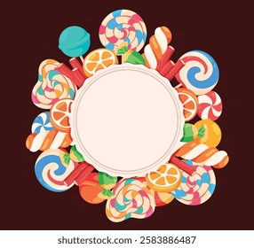 Sweets and candies banner. Chocolate and lollipops. Decoration of the sweet shop. Vector illustration