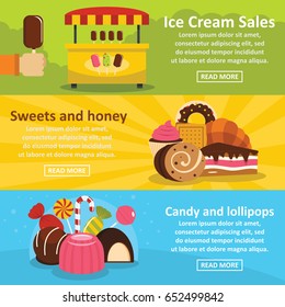 Sweets candies banner horizontal concept set. Flat illustration of 3 sweets candies vector banner horizontal concepts for web