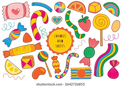Sweets and candies bright colorful set. Caramel, candies, truffle, marmalade, chocolate bars clip art. Collection of yummy things for birthday or kids, vector elements