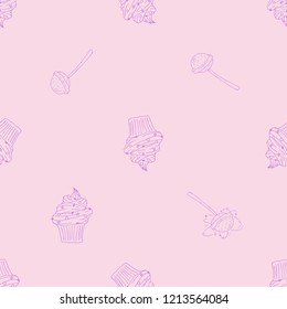 Sweets, candies and cakes seamless pattern. Vector of cupcake, cakes, sweets seamless pattern. Hand drawn cake.