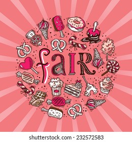 Sweets candies chocolate ice cream sketch icons set in circle shape fair concept vector illustration