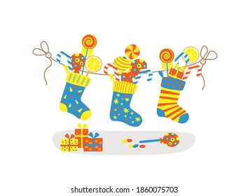 Sweets and candies in the christmas stock on white background.  Flat vector illustration, isolated ibjects.