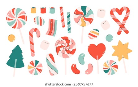 Sweets and candies collection. Lollipops, marshmallows, candy canes, jelly beans. Vector illustration in flat style