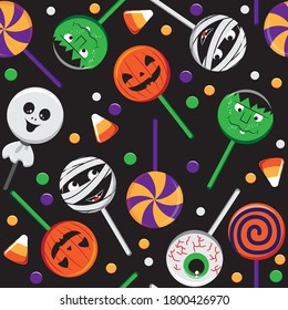 Sweets candies and colorful lollipops halloween seamless pattern vector illustrations