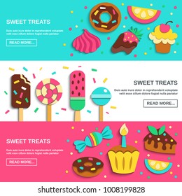 Sweets candies donuts lollies kids party funny treats 3 flat horizontal banners confectionery webpage design vector illustration