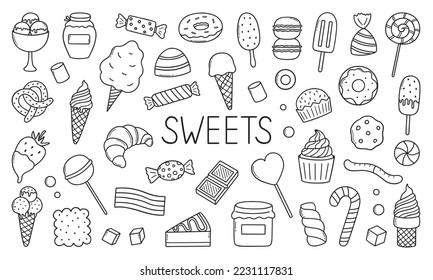 Sweets and candies doodle set. desserts in sketch style. Hand drawn vector illustration isolated on white background