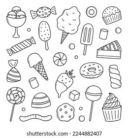 Sweets and candies doodle set. Desserts in sketch style.  Hand drawn vector illustration isolated on white background