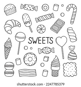 Sweets and candies doodle set. Desserts in sketch style.  Hand drawn vector illustration isolated on white background