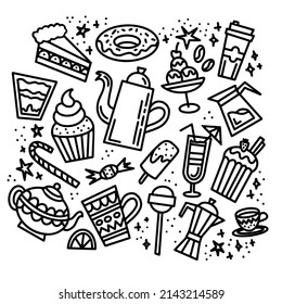 Sweets and candies doodle set, vector isolated hand drawn elements with cake, muffin, pie, ice cream, coffee, tea, donut, cup, lollipop, teapot, cocktail, candy cane, moka pot