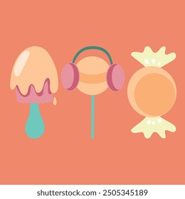 Sweets and candies in groovy style, 80s, vintage, vector illustration