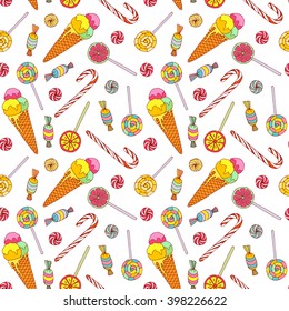Sweets, candies, ice cream seamless pattern. Children's party, shop of sweets backdrop. The color vector illustration isolated on a white background.