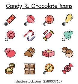 Sweets and candies icon set in color line style