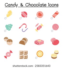 Sweets and candies icon set  in flat color style