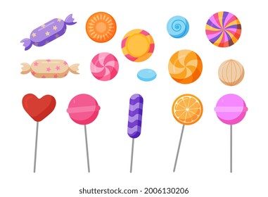 Sweets and candies icon. Sweet chocolate candies in a wrapper, lollipops and fruit-flavored caramels. Stickers for websites and for printing. Cartoon flat vector set isolated on a white background