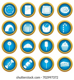 Sweets and candies icons blue circle set isolated on white for digital marketing