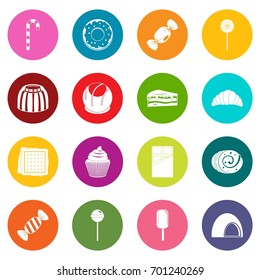 Sweets and candies icons many colors set isolated on white for digital marketing