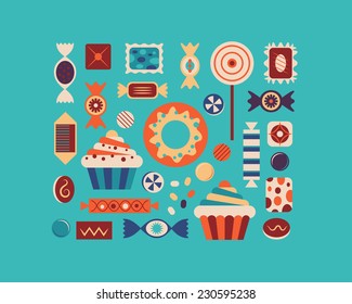 Sweets and candies icons set.