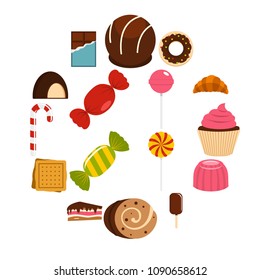 Sweets and candies icons set in flat style isolated vector illustration