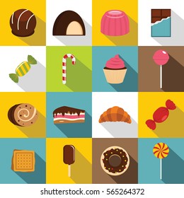 Sweets and candies icons set. Flat illustration of 16 sweets and candies vector icons for web