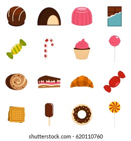 Sweets and candies icons set in flat style isolated vector illustration