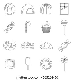 Sweets and candies icons set. Outline illustration of 16 sweets and candies vector icons for web