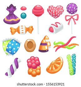 Sweets and candies isolated icons, caramel bonbons and marshmallow vector. Dessert or snack, chocolate and jelly, worms and lollipop, gum in wrapping. Toffee and heart-shaped treat, fruit flavor