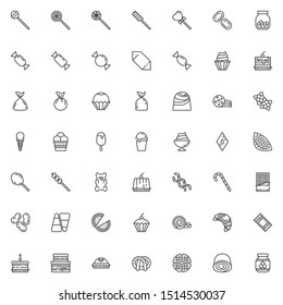 Sweets and candies line icons set. linear style symbols collection outline signs pack. vector graphics. Set includes icons as Lollipop candy, Caramel, Chocolate bar, Ice cream sundae, Cupcake, cookie 