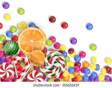 Sweets of candies with lollipop, orange juice, bubblegum on a white background.vector