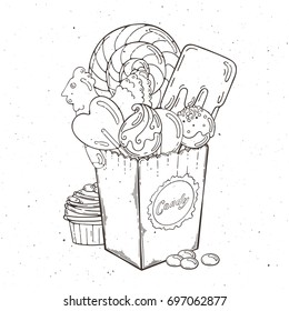 Sweets and candies in paper box. Muffin and chocolate. Vector illustration