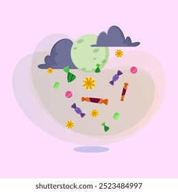 Sweets and candies rain, moon and clouds on abstract background. Halloween banner design. Celebration, holiday, party, forecast, weather concept. Vector illustration for invitation or poster