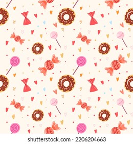 Dulces y caramelos sin costura con donuts de chocolate, chupetes y chocolates sobre un fondo biege. Ilitrato para envolver papel, ropa y fondos.