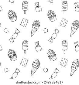 Dulces y caramelos sin patrón. Postres en estilo sketch. Ilustración vectorial dibujada a mano aislada sobre fondo blanco