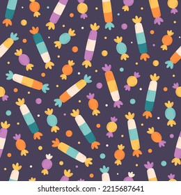 Sweets and candies seamless pattern. Halloween sweets. Trick or treat. Flat, hand drawn texture for wallpaper, textile, fabric, paper.  Hand drawn vector illustration