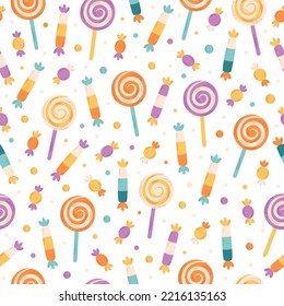 Sweets and candies seamless pattern. Halloween sweets. Flat, hand drawn texture for wallpaper, textile, fabric, paper.  Hand drawn vector illustration