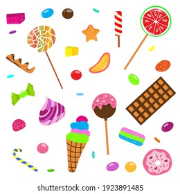 Sweets and candies set. Chocolate bars, candies and other sweet food. Lollipops, marshmallows, sweets and chocolate. Vector collection on white background.